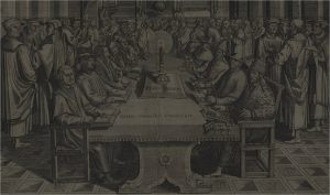 Уявна суперечка між провідними реформаторами і католиками (на лівій стороні столу сидить: Лютер, Цвінглі, Кальвін, Меланхтон, а на протилежній представники католицької церкви)